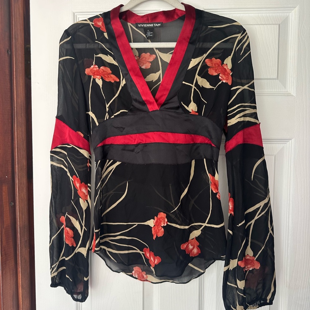 Vivienne Tam Black and Red Sheer Blouse with V-neck and Long Flutter Sleeves